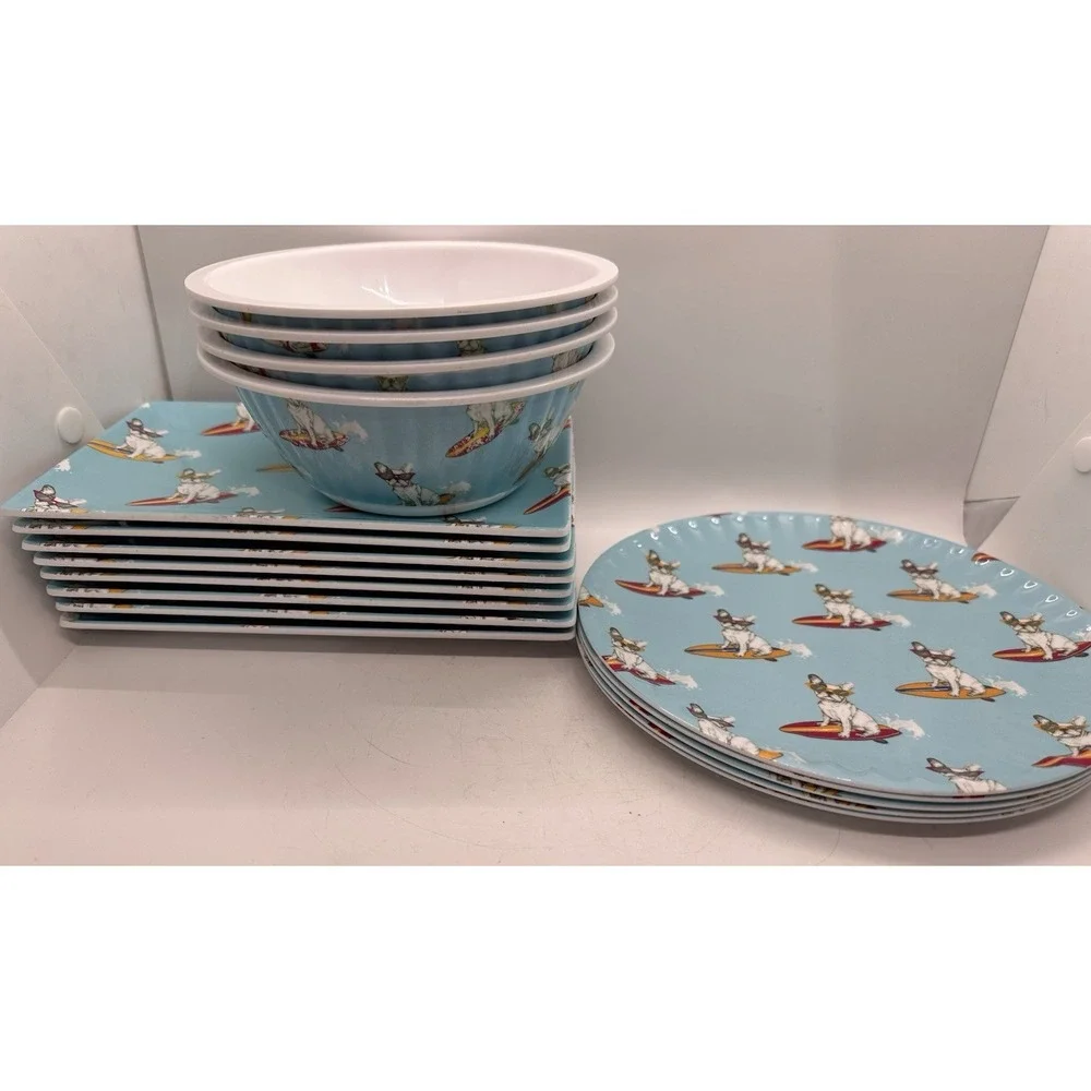 Alex & Zoë French Bulldog Surfing Melamine Dinnerware 17 Pc Plates Bowls Set